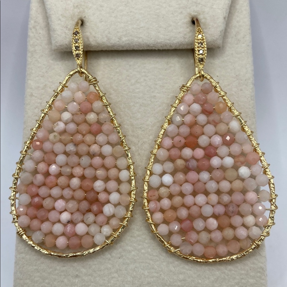 Rarities by Carol Brodie Gold Peruvian Pink Opal Bead & Diamond Drop Earrings